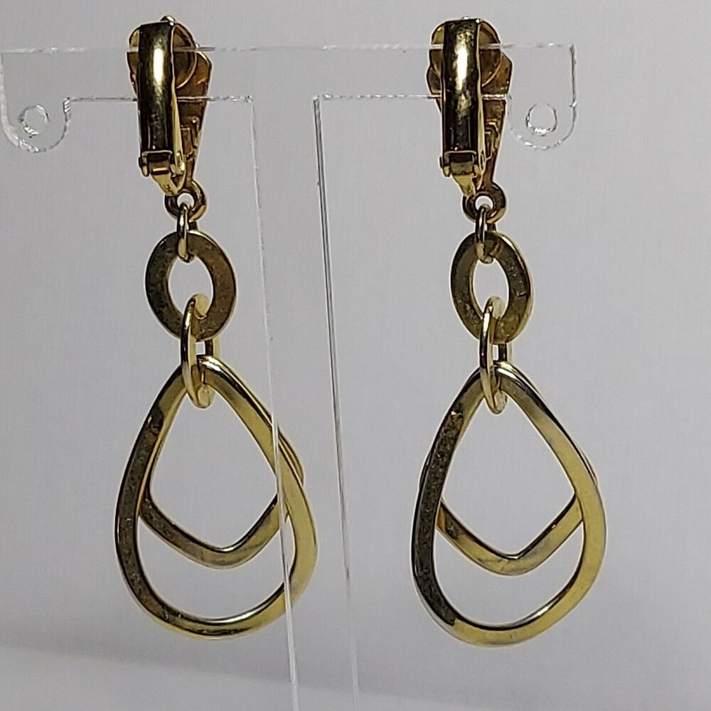 Earrings Goldtone Double Dangle Drop Clip on 2"